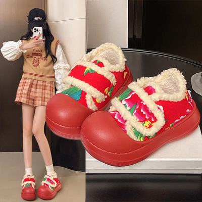 包跟棉拖女冬厚底东北大花外穿