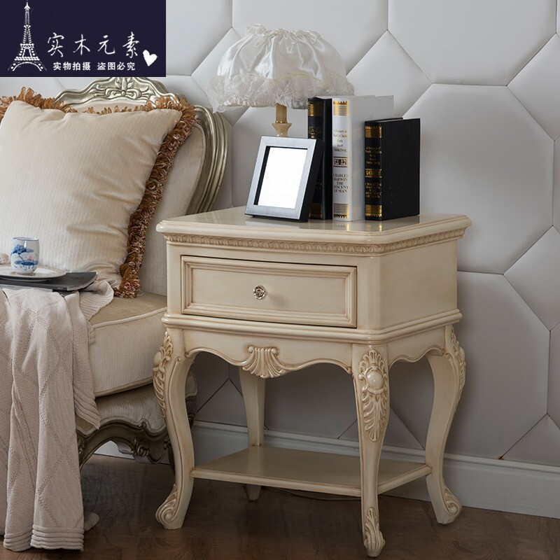 新古典原单外贸实木做旧床头柜欧式美式复古白高档别墅床边柜斗柜