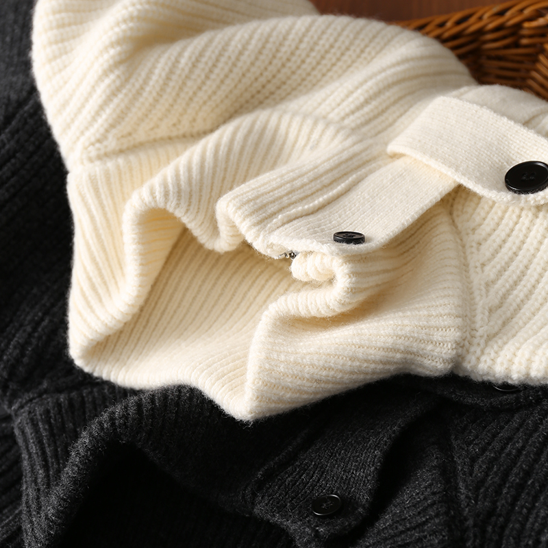 淘么淘 简奢 粗针绵羊毛不对称高领系带收腰显瘦针织开衫外套新款