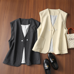 西装 气质休闲宽松内里格纹双门襟V领无袖 马甲 英伦风时尚 淘么淘