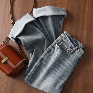 玉 曼 张 女 怀旧靛蓝修身 显瘦高腰拖地牛仔微喇裤 同款 淘么淘