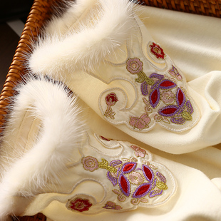 淘么淘 新中式轻国风 温婉气质莫代尔棉拼水貂毛刺绣长袖T恤女新