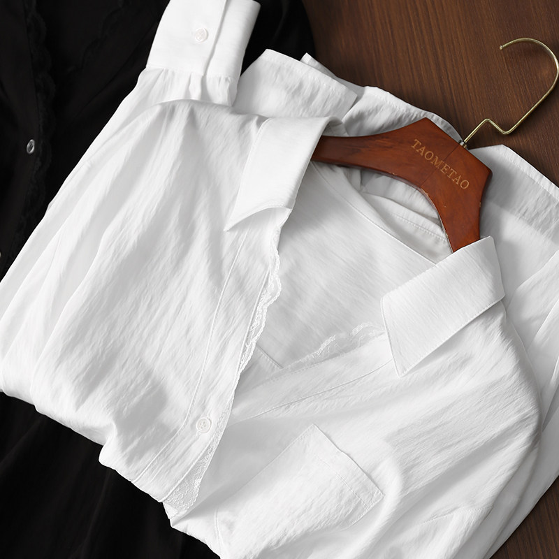 淘么淘「月光罗曼史」法式优雅单口袋蕾丝花边长袖翻V领衬衫新款