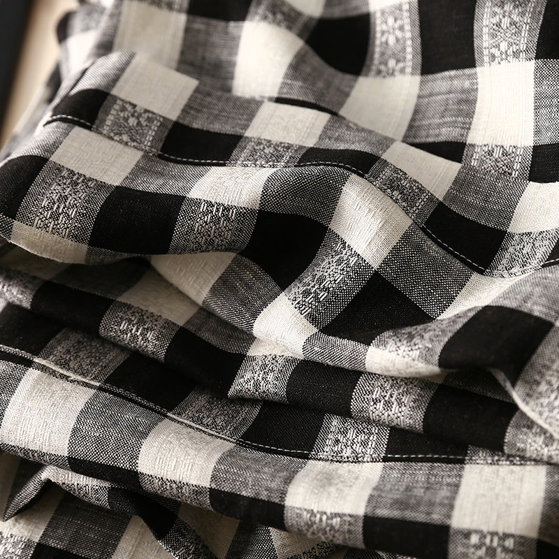 淘么淘 懒人亚麻裤 复古格纹提花显瘦藏肉松紧抽绳高腰阔腿休闲裤