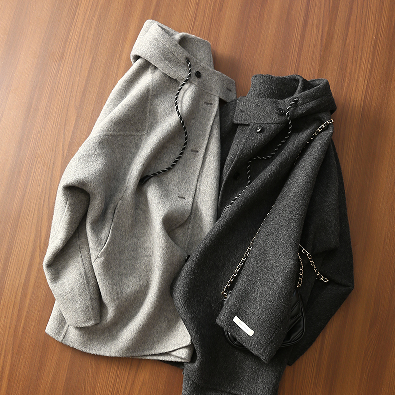 淘么淘 【钜献级】绵羊毛+羊驼毛抽绳连帽中长双面毛呢大衣外套女