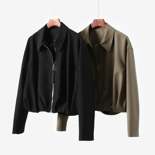 【折】 时髦度飙升！设计感翻领压褶下摆拉链短款夹克外套女秋新