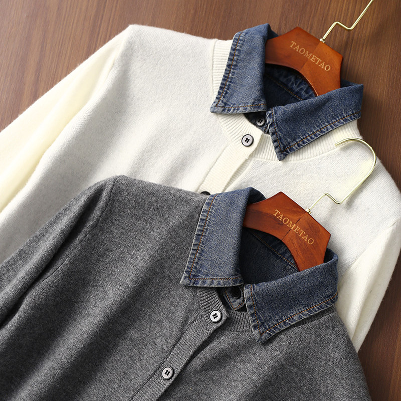 淘么淘 时髦不费力 假两件牛仔拼接翻领羊毛针织开衫上衣毛衣春款,女装/女士精品,毛针织衫,淘宝优惠券,粉丝福利购,淘宝优惠卷