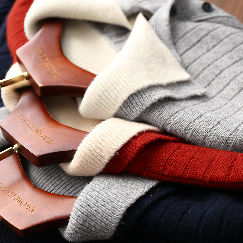 淘么淘 时髦【C】位叠穿假两件半门襟翻领全羊毛长袖针织衫毛衣女