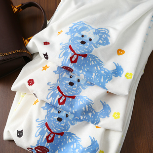 淘么淘 透气天丝卡通狗狗印花条纹连肩袖 圆领长袖 T恤女 清爽减龄