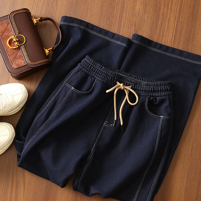 淘么淘 一条过冬 加绒加厚保暖显瘦松紧抽绳高腰明线阔腿牛仔裤女