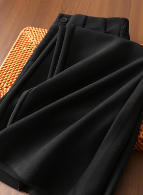 淘么淘 长腿秘籍 优雅通勤后松紧高腰显瘦黑色休闲微喇裤女春季新