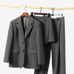 撞色明线西装 外套 围裹式 长裤 飒美大女主穿搭 裙裤 三件套 折