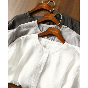 折 宽松纯色弧形下摆透气薄款 老钱松弛 上衣女夏新款 短袖 衬衫