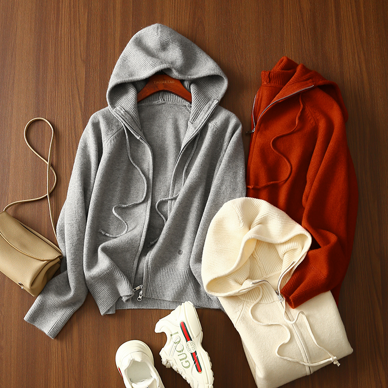 淘么淘 笈简洋气 韩系慵懒风双开拉链连帽抽绳针织开衫毛衣女新款