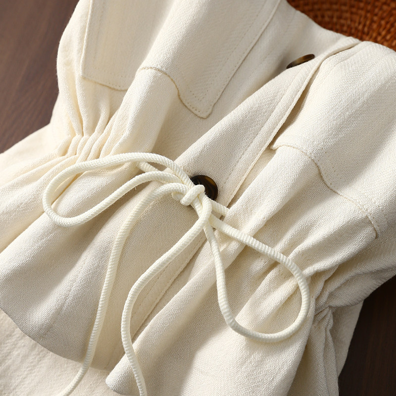 淘么淘 老钱风 天丝亚麻宽松蕾丝里衬抽绳收腰立领无袖坎肩马甲女