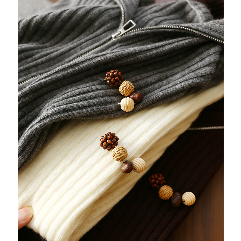 淘么淘 人气单品！山羊绒+桑蚕丝+绵羊毛连帽串珠针织开衫毛衣女