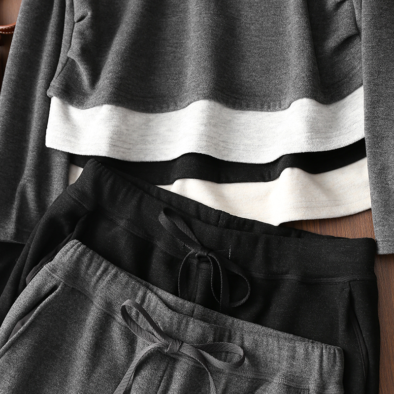 淘么淘 磨毛真丝羊毛假两件收腰连帽卫衣+卫裤休闲套装女 分开售