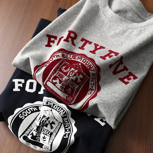 淘么淘 学院风 植绒撞色字母提花棉质圆领宽松上衣短袖 t恤女 美式