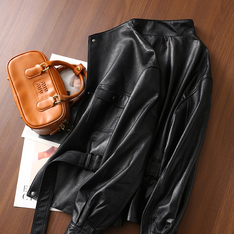 淘么淘 明星同款！進口绵羊皮荔枝纹立领皮衣外套女新款+腰带 