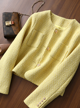 淘么淘 心动奶黄色 法式气质名媛香风双口袋圆领羊毛粗花呢短外套