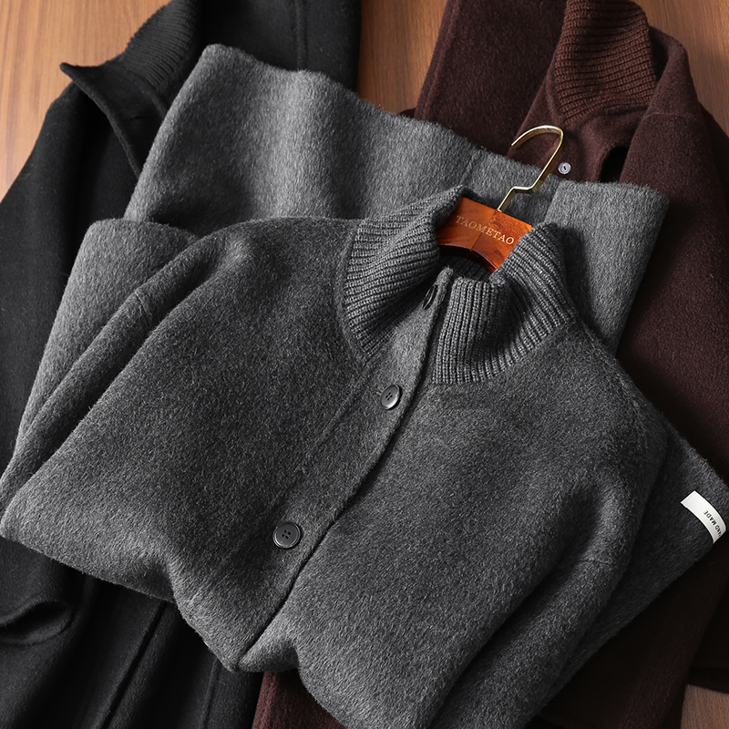 淘么淘【御寒大衣】高支羊毛+羊驼毛双面呢拼针织领中长毛呢大衣
