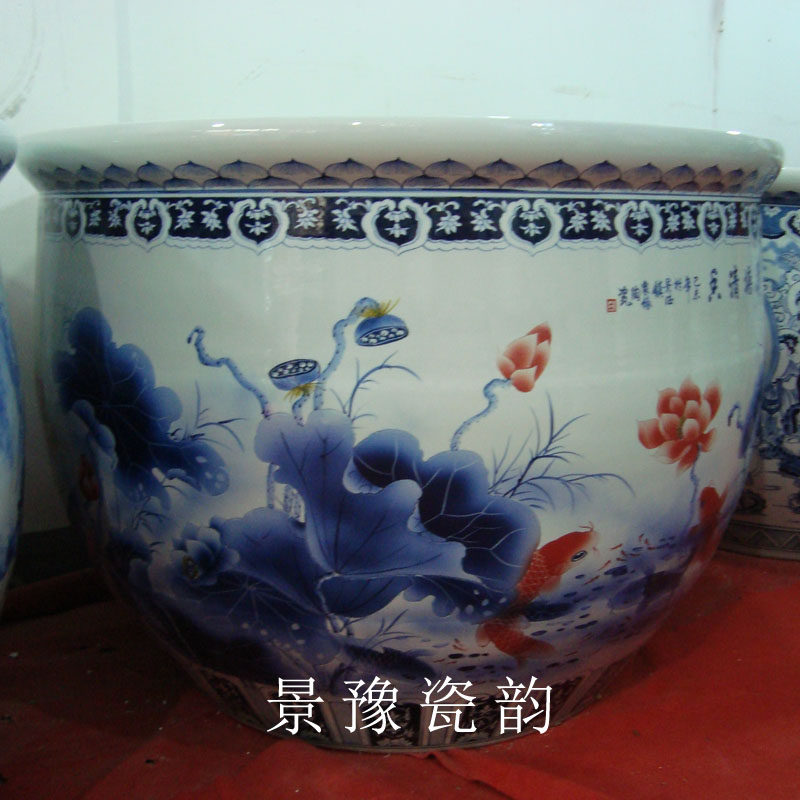 包邮景德镇陶瓷特大手绘青花聚宝盆1米以上荷花锦鲤风水鱼缸花盆