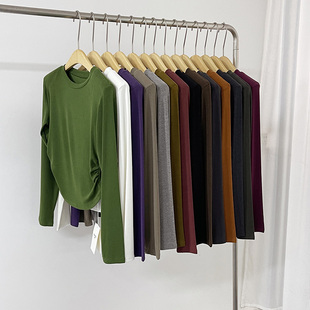 熙6024圆弧褶皱收腰长袖 高腰短款 打底衫 新款 内搭垫肩上衣 女秋季 元