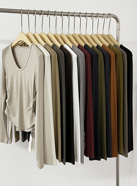 元熙3053低V领长袖打底衫女2023秋季新款侧边设计不规则内搭上衣