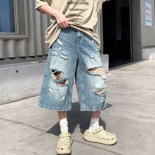 情侣短裤 美式 宽松休闲阔腿中裤 男女夏季 潮 复古做旧破洞牛仔七分裤