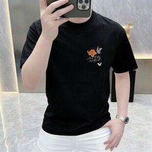 新款 休闲百搭纯棉半袖 国潮花卉印花圆领短袖 时尚 体恤 T恤男士 夏季