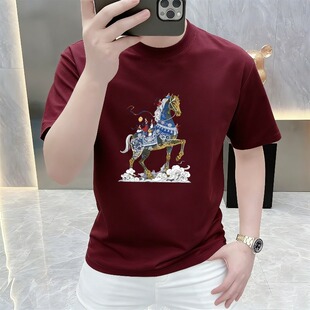 本命年红色高级感体恤上衣 T恤男士 2026马年爆款 纯棉骏马印花短袖