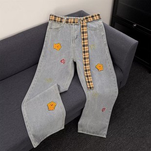 美式复古卡通刺绣黑色弯刀裤设计感小众黄色格子腰带拖地牛仔裤潮