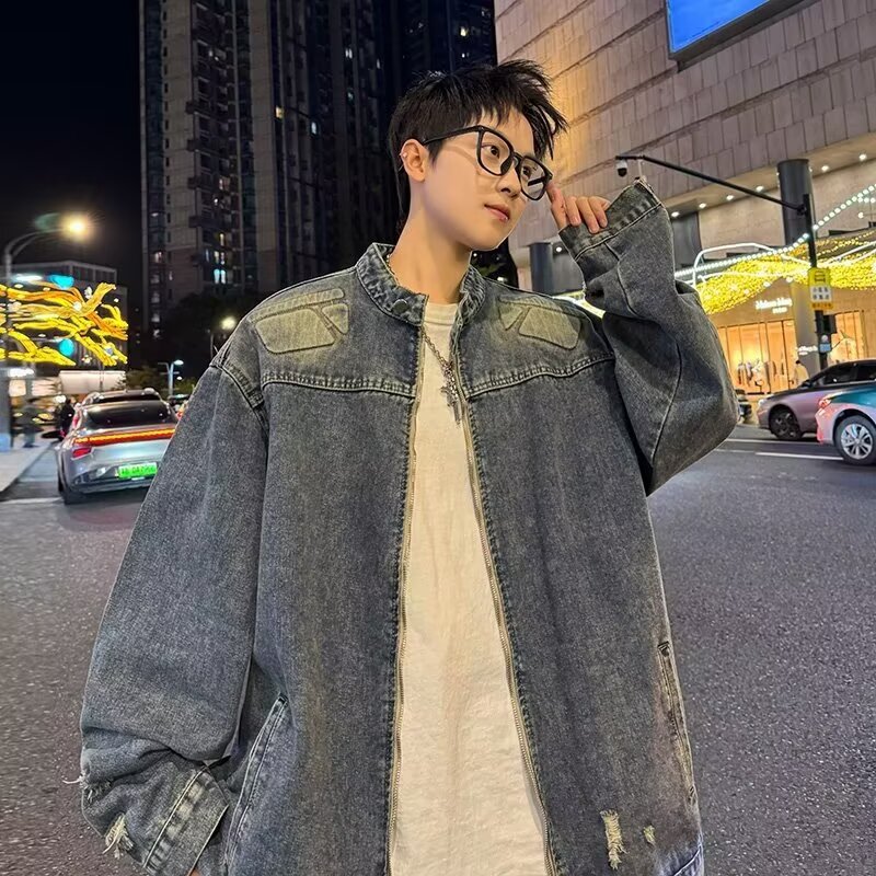 春秋立领牛仔外套男破洞