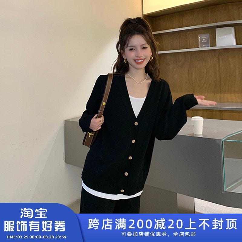 五季家大码女装胖mm2024新款早春休闲优雅风v领针织衫直筒裤套装