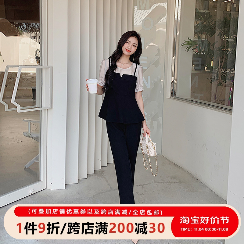 五季家胖mm2023年新款夏装职业气质套装轻熟风假两件短袖休闲裤