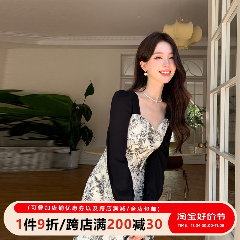 五季家大码女装胖mm2023年新款时尚秋装法式优雅风撞色碎花连衣裙