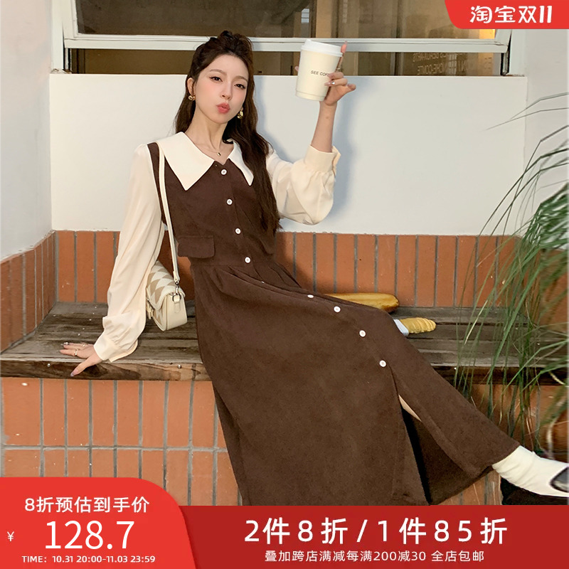 两件八折五季家大码女装胖mm2023年新款秋装时尚撞色复古连衣裙