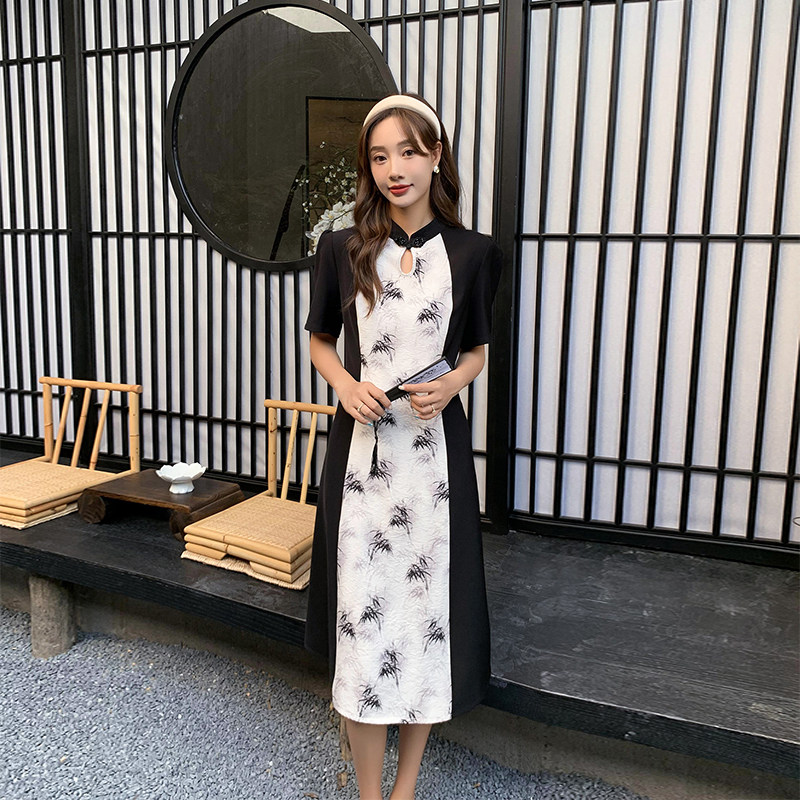 五季家大码女装2023年新款夏装新中式别致设计撞色竹子印花旗袍裙怎么样,好用不?