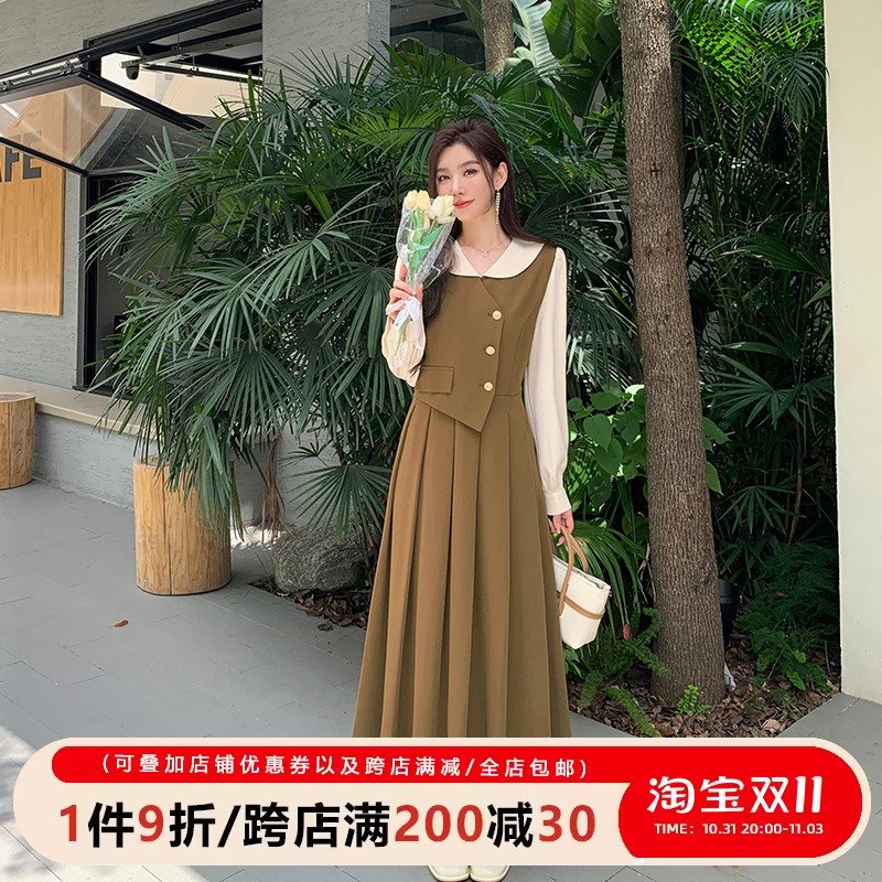 五季家大码女装2023年新款时尚连衣裙秋装减龄撞色假两件复古裙子