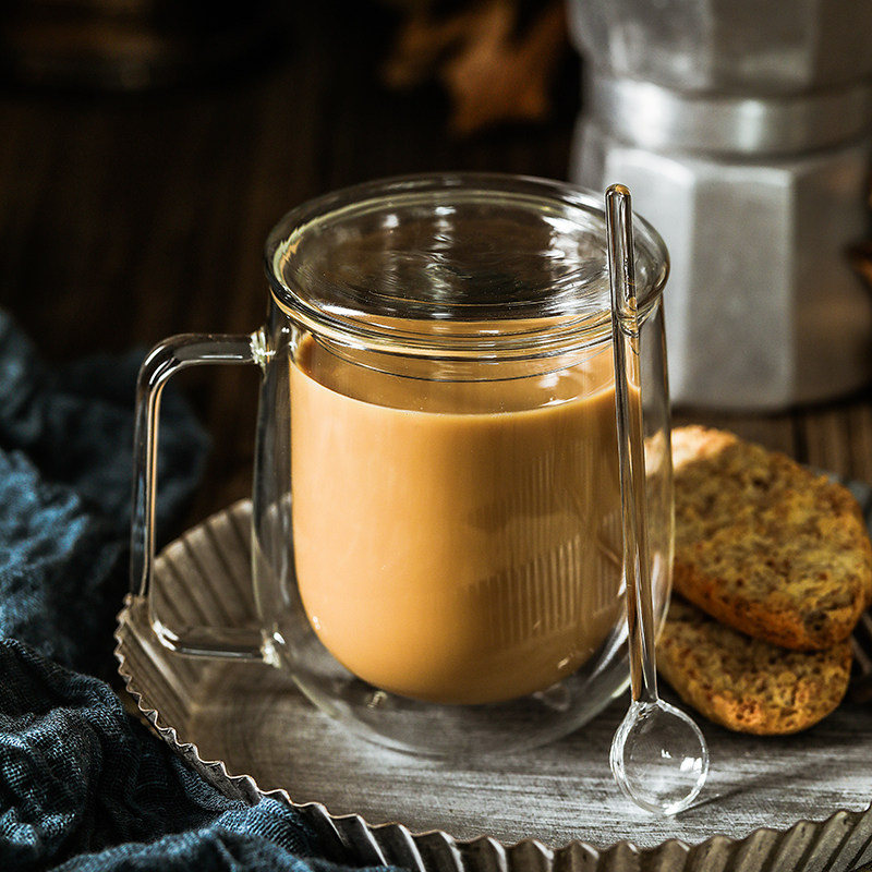 双层玻璃咖啡杯高档精致设计感马克杯带盖子把手特别好看的咖啡杯