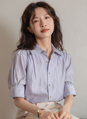 清仓反季捡漏品牌折扣店女装蓝色短袖衬衫女法式复古衬衣内搭上衣