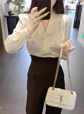 清仓反季品牌折扣店白色波点v领衬衫女长袖秋季韩版chic气质上衣