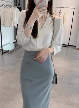 清仓反季品牌折扣店白色衬衫女七分袖春秋季别致职业衬衣内搭上衣