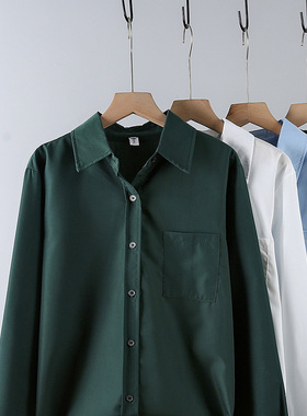 清仓反季捡漏品牌折扣店女装绿色纯棉衬衫女长袖叠穿上衣bf风衬衣
