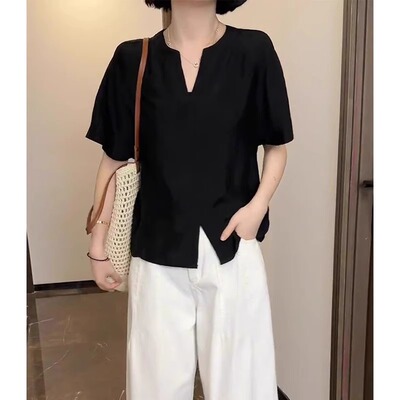 黑色缎面衬衫女短袖夏季女