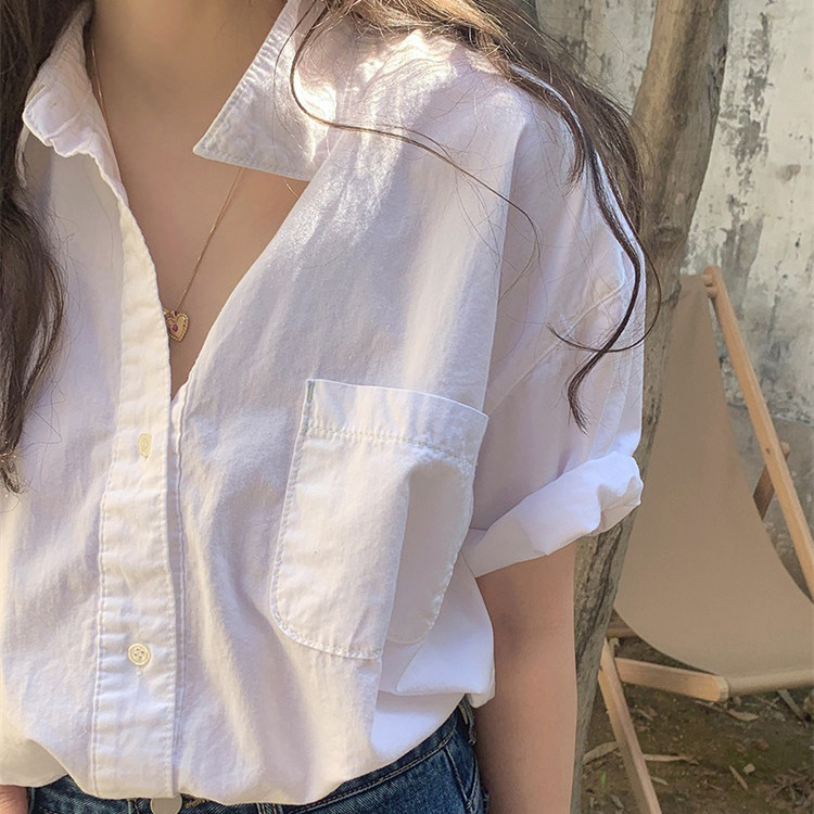 清仓秒杀~品牌折扣女装港味白色衬衫女短袖夏季百搭休闲上衣衬衣