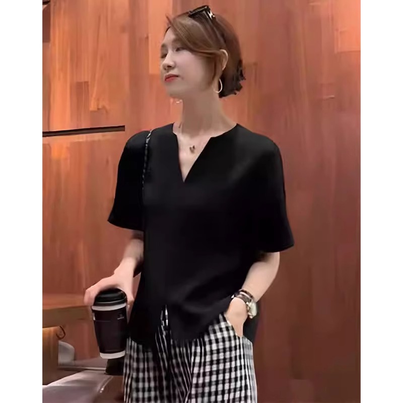 清仓捡漏品牌折扣店韩系V领衬衫女短袖夏季设计感小众百搭t恤上衣