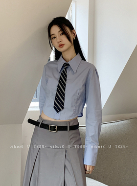 清仓反季秒杀品牌折扣店女装蓝色短款衬衫女长袖春秋季jk制服上衣