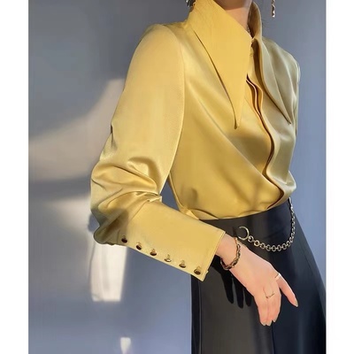 清仓秒杀~品牌折扣店专柜撤回女装大尖领衬衫女长袖上衣缎面衬衣