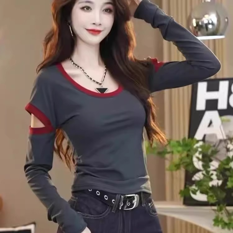 欧货撞色拼接u领打底衫女